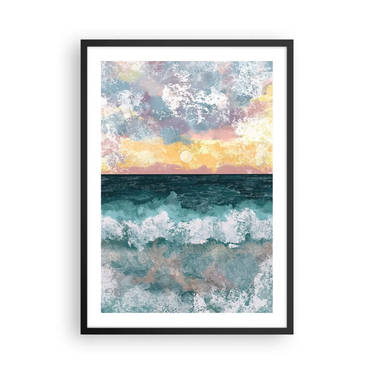 Poster in cornice nera - Onde del mare e tramonto in stile acquerello - 50x70cm - Acqua, luce, aria - Decorazione murale moderna per soggiorno e camera da letto ARTTOR