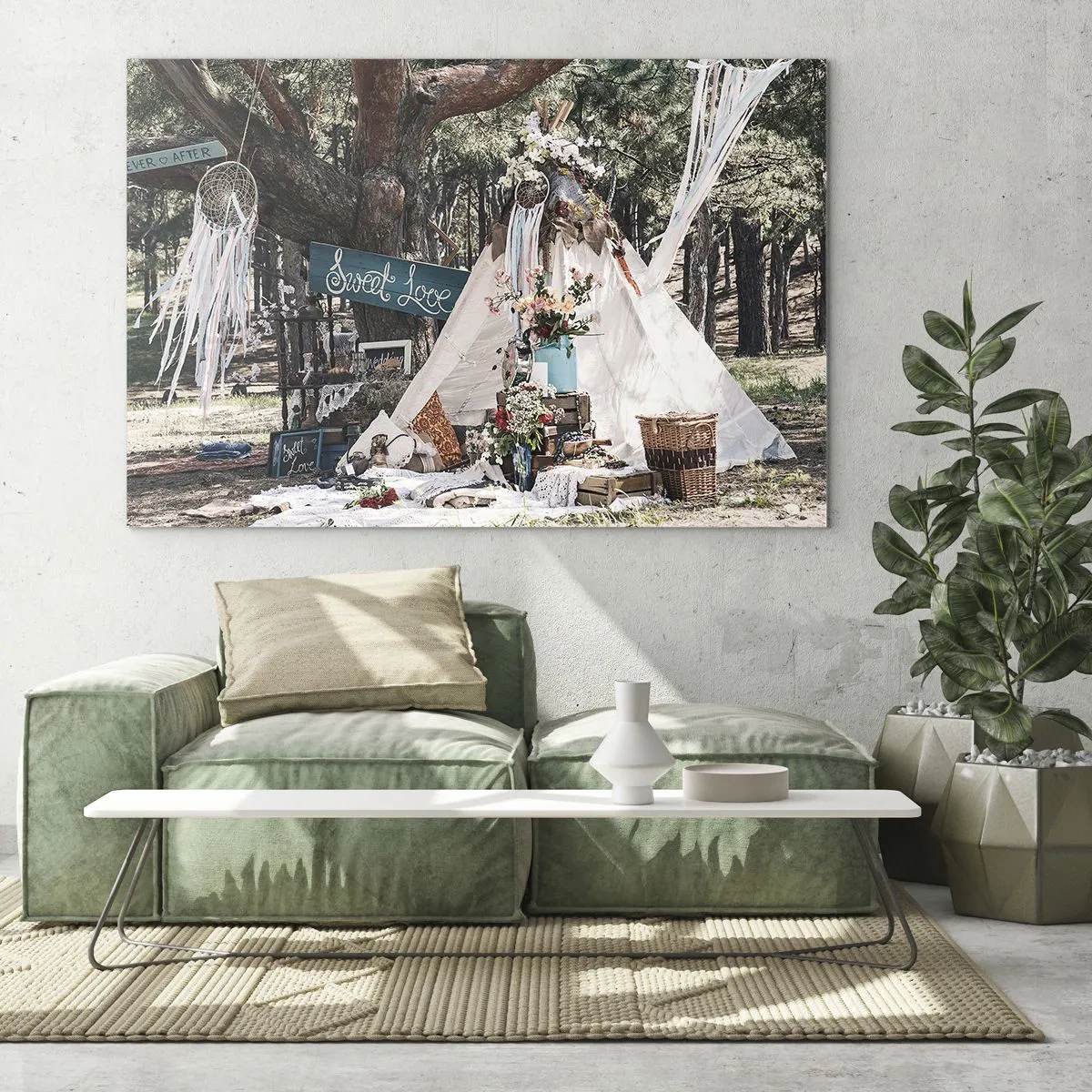 Quadro su vetro - Decorazione da esterno boho con un tepee e fiori nella foresta - 70x50cm - Make love... - Decorazione murale moderna per soggiorno e camera da letto ARTTOR