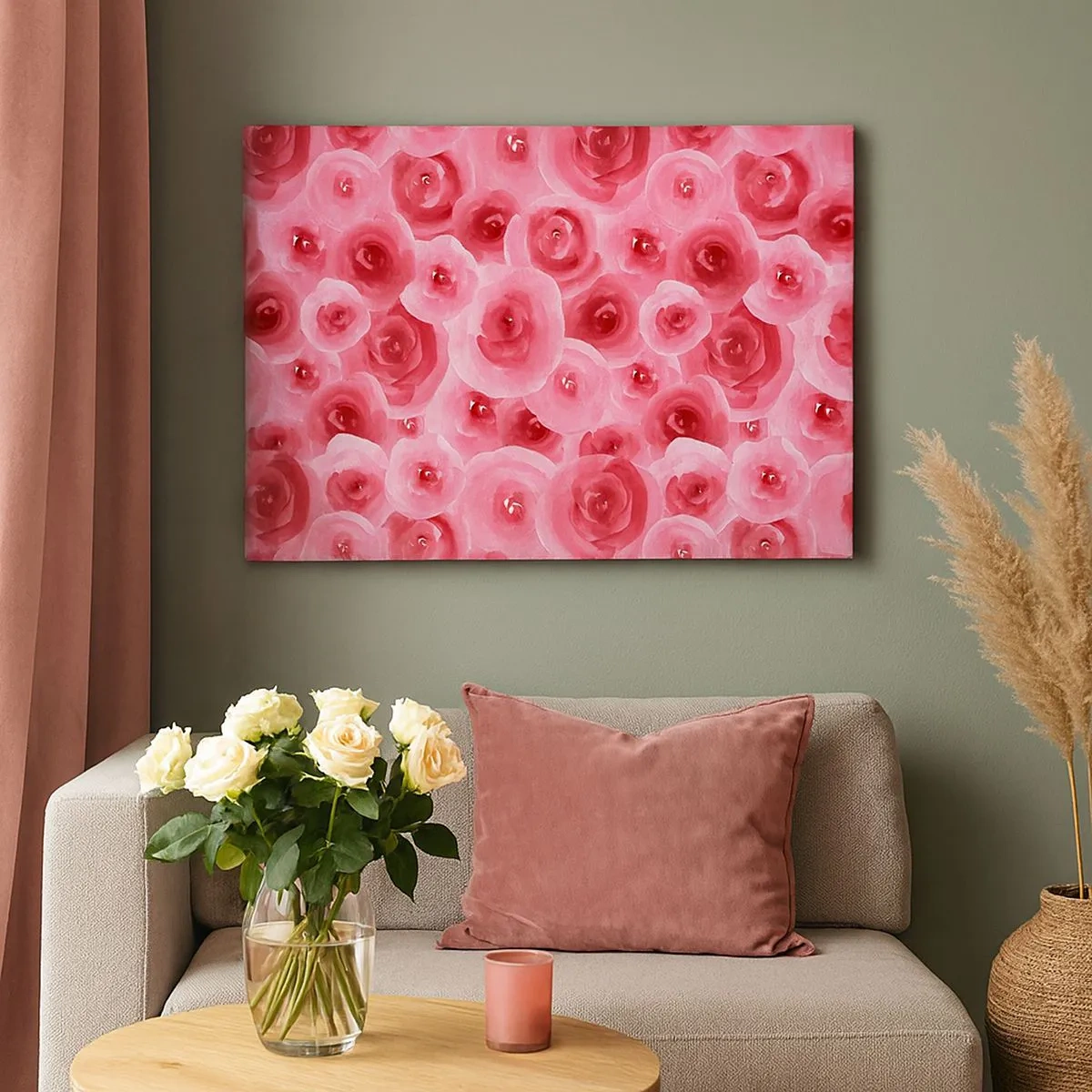 Quadro su tela - Stampe su Tela - Delicate rose nelle tonalità pastello del rosa - 70x50cm - Rose in alto e in basso - Decorazione murale moderna per soggiorno e camera da letto ARTTOR