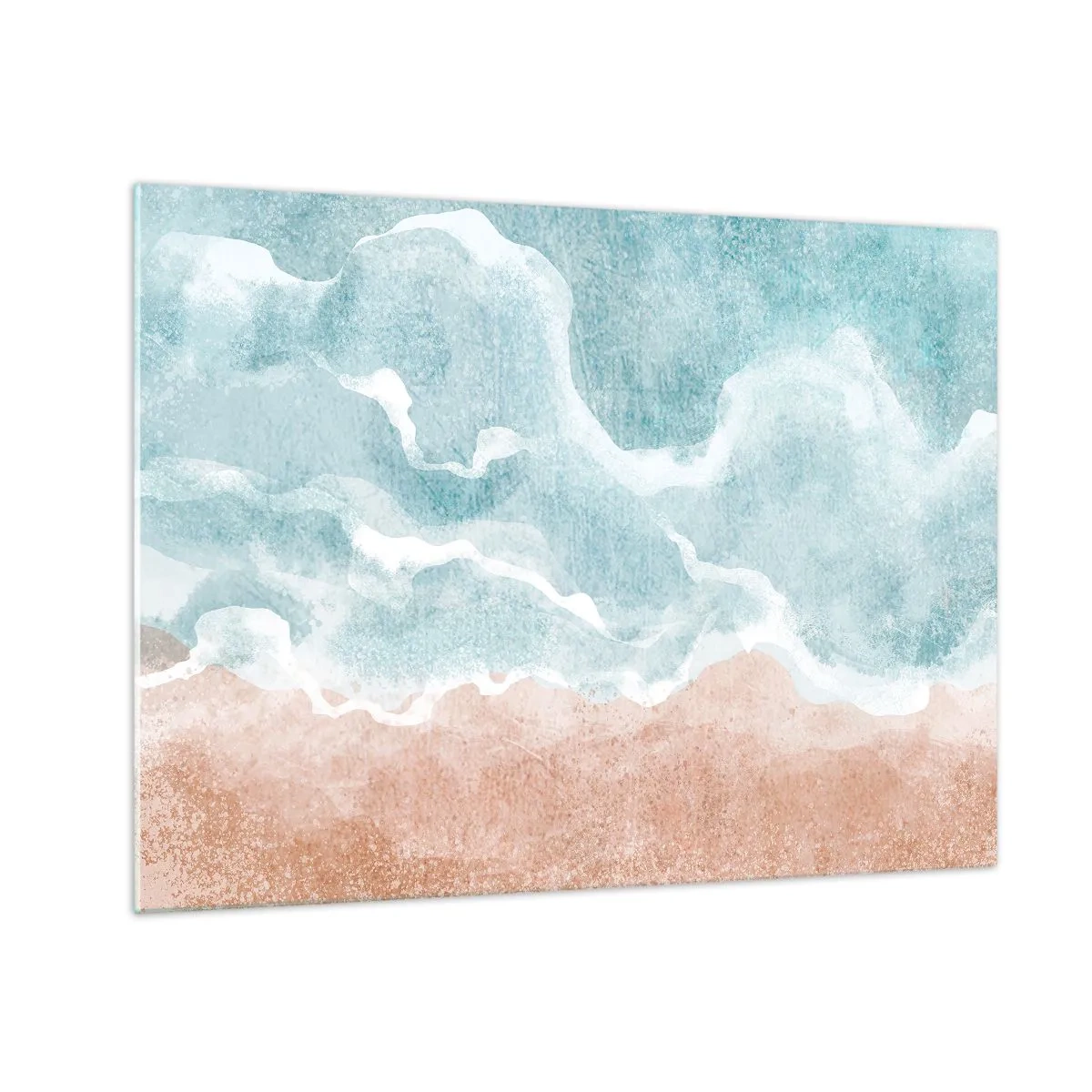 Quadro su vetro - Le onde pastello nei toni del blu e del beige creano un'astrazione nuvolosa. - 70x50cm - Astrazione nebulosa - Decorazione murale moderna per soggiorno e camera da letto ARTTOR