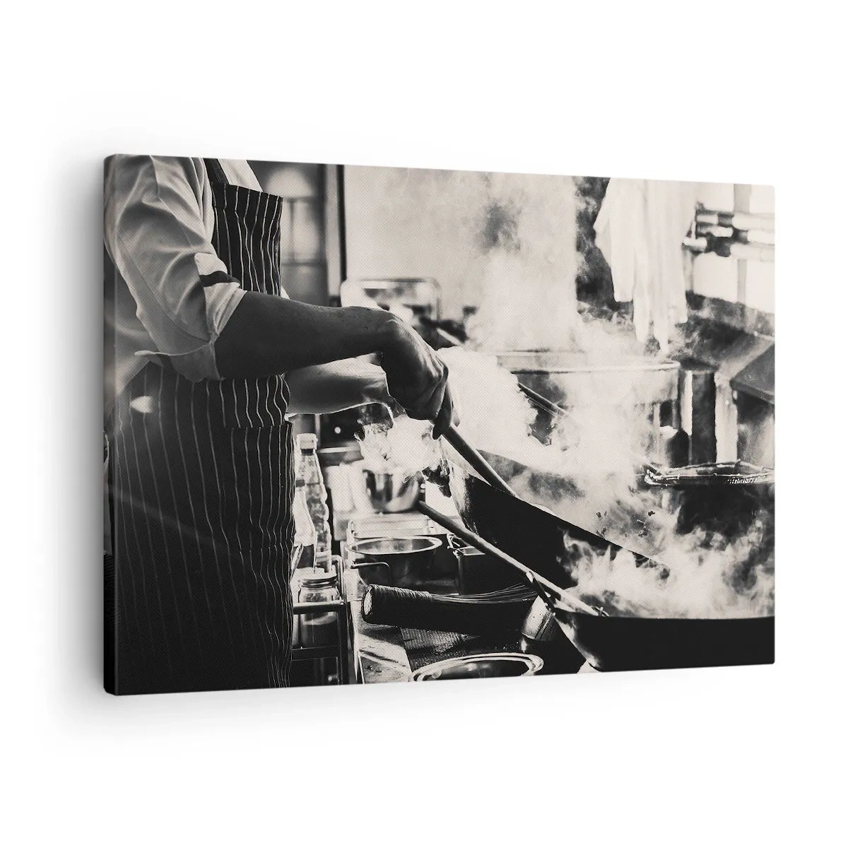 Quadro su tela - Stampe su Tela - Uno chef al lavoro in cucina con il vapore che esce da una padella - 70x50cm - L'alchimia dei sapori - Decorazione murale moderna per soggiorno e camera da letto ARTTOR