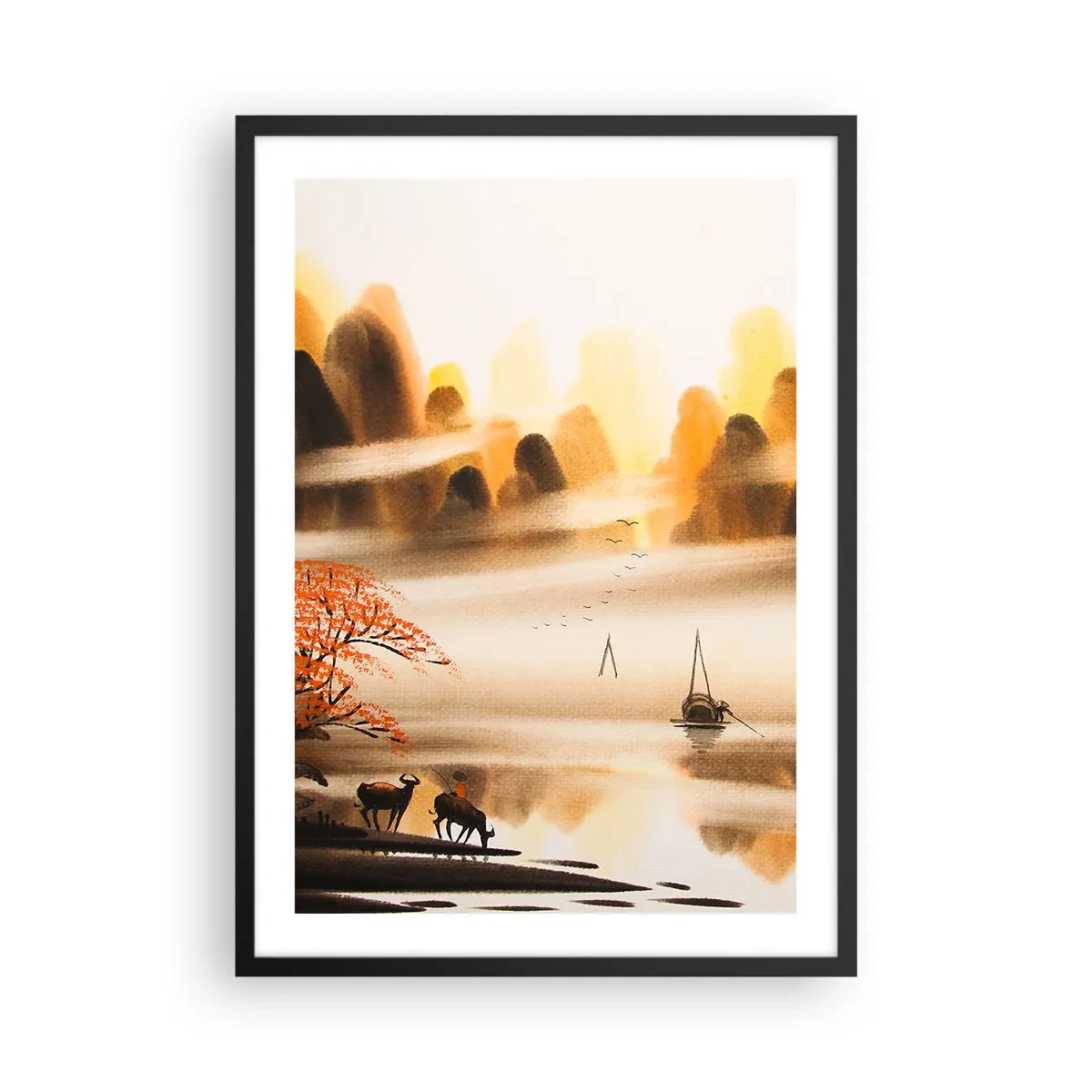 Poster in cornice nera - Paesaggio montano orientale nella nebbia con una barca e animali - 50x70cm - Oltre l'Estremo Oriente - Decorazione murale moderna per soggiorno e camera da letto ARTTOR