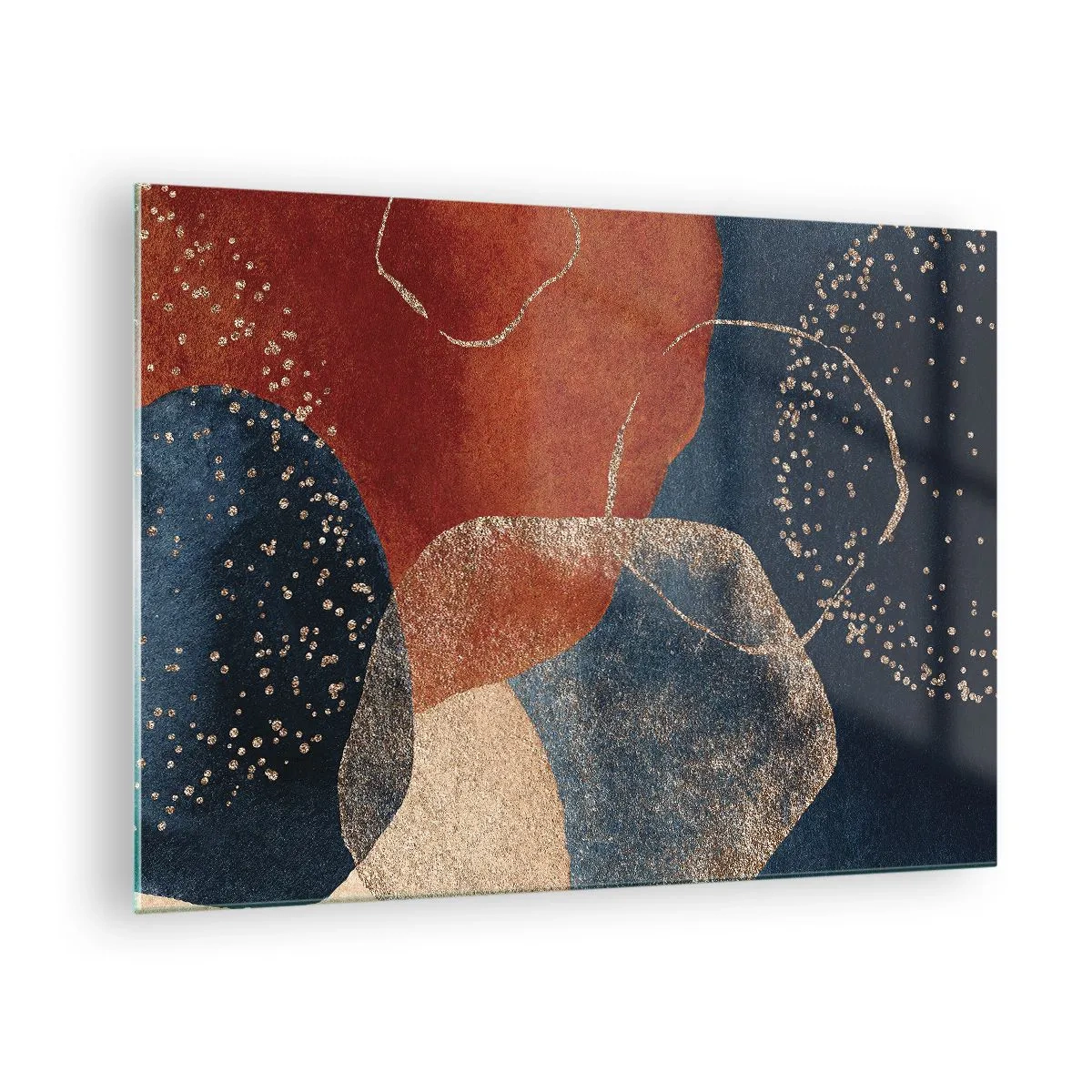 Quadro su vetro - Forme astratte nei toni del blu navy e del rame - 70x50cm - La leggerezza dell'essere - Decorazione murale moderna per soggiorno e camera da letto ARTTOR