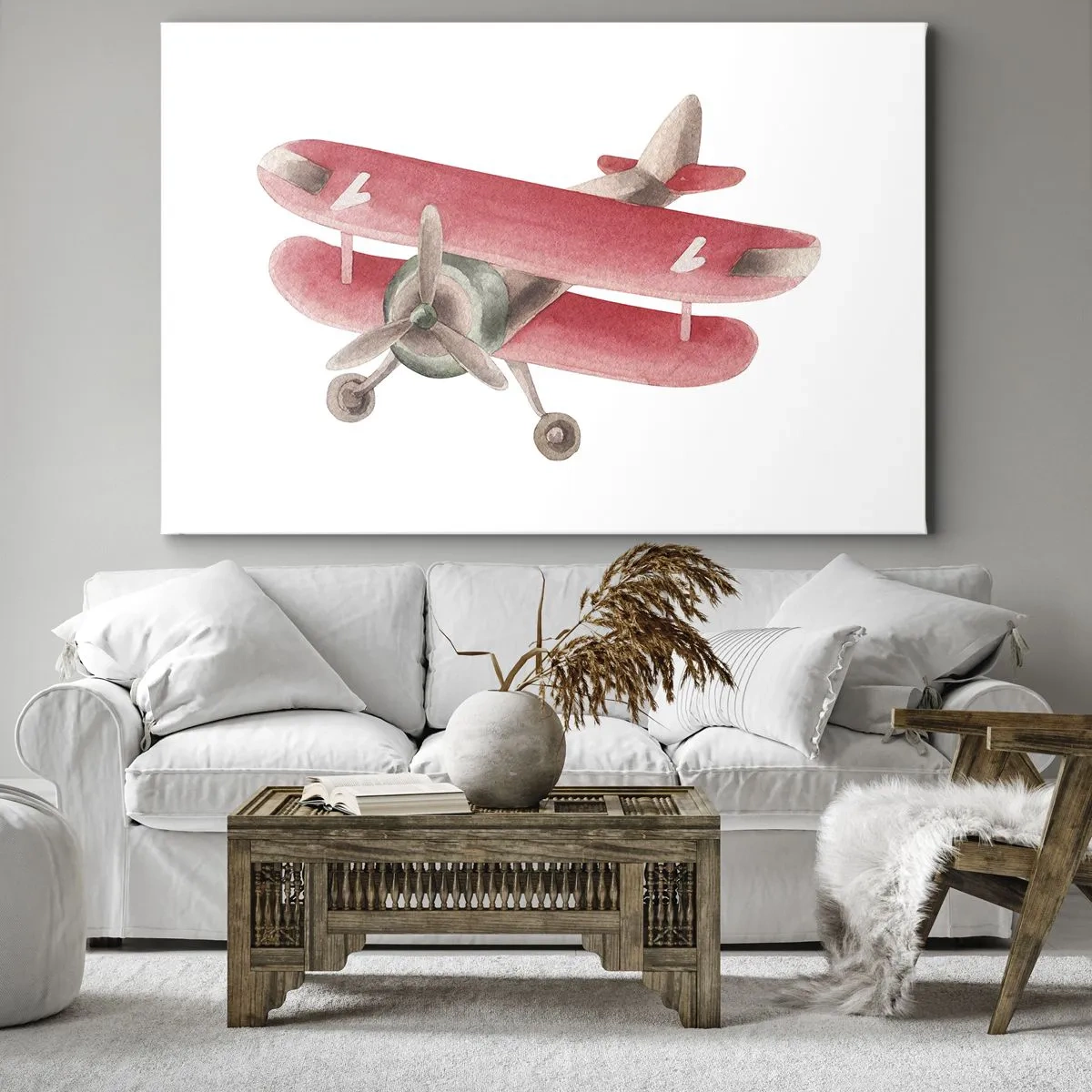 Quadro su tela - Stampe su Tela - Aereo retrò rosso su sfondo bianco - 70x50cm - Pronto a volare alto - Decorazione murale moderna per soggiorno e camera da letto ARTTOR
