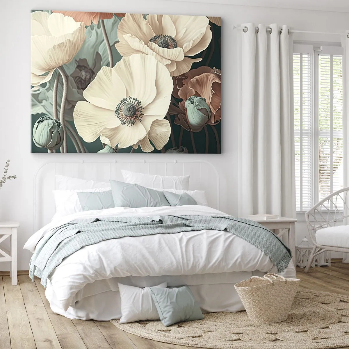 Quadro su tela - Stampe su Tela - Eleganti fiori in tonalità pastello su sfondo verde - 70x50cm - Il sussurro dei papaveri - Decorazione murale moderna per soggiorno e camera da letto ARTTOR