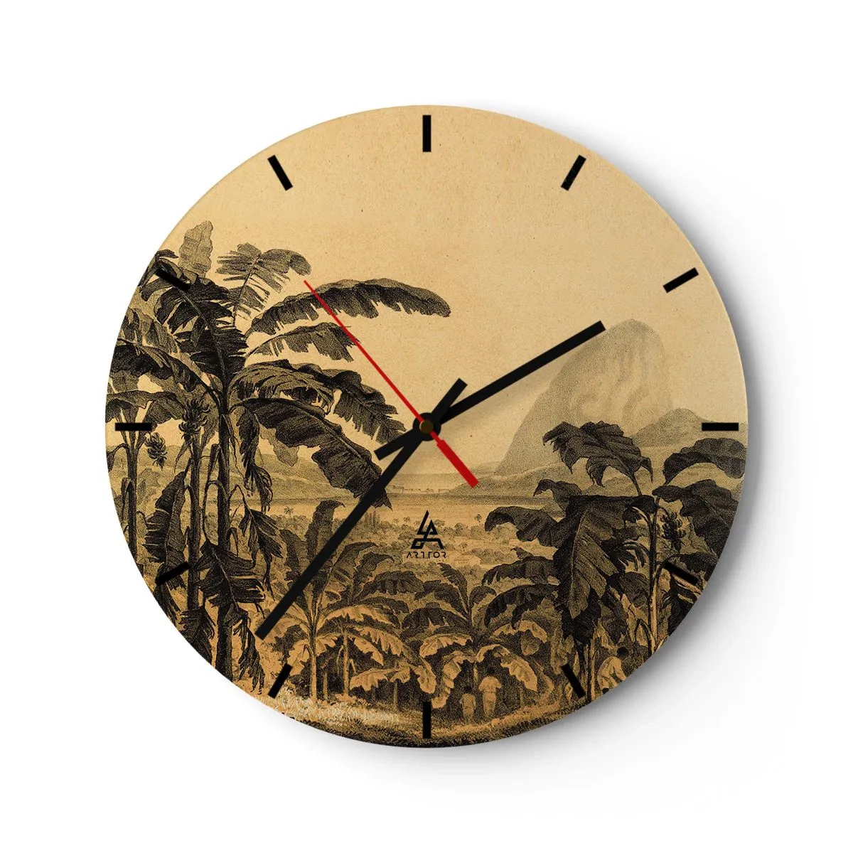 Orologio da parete - Orologio in Vetro - Banane e un paesaggio tropicale retrò - 30x30cm - Nel clima coloniale - Decorazione murale moderna per soggiorno, cucina e camera da letto ARTTOR