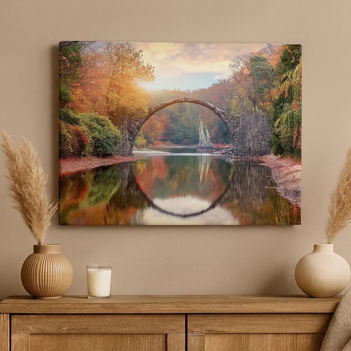 Quadro su tela - Stampe su Tela - Un ponte di pietra in uno scenario autunnale sopra acque calme - 70x50cm - Dall'altro lato dello specchio - Decorazione murale moderna per soggiorno e camera da letto ARTTOR
