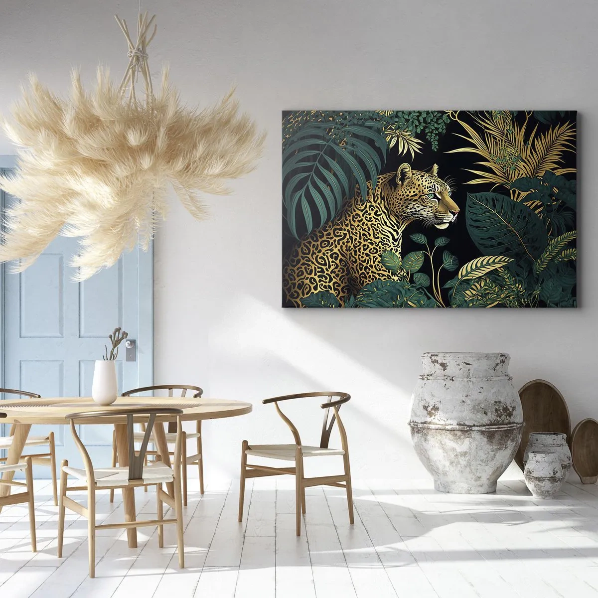 Quadro su tela - Stampe su Tela - Leopardo tra foglie tropicali su sfondo nero - 70x50cm - Il signore della giungla - Decorazione murale moderna per soggiorno e camera da letto ARTTOR