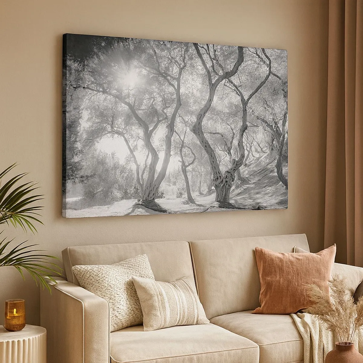 Quadro su tela - Stampe su Tela - Vista in bianco e nero degli alberi in un uliveto con raggi di sole - 70x50cm - Nell'orto degli ulivi - Decorazione murale moderna per soggiorno e camera da letto ARTTOR