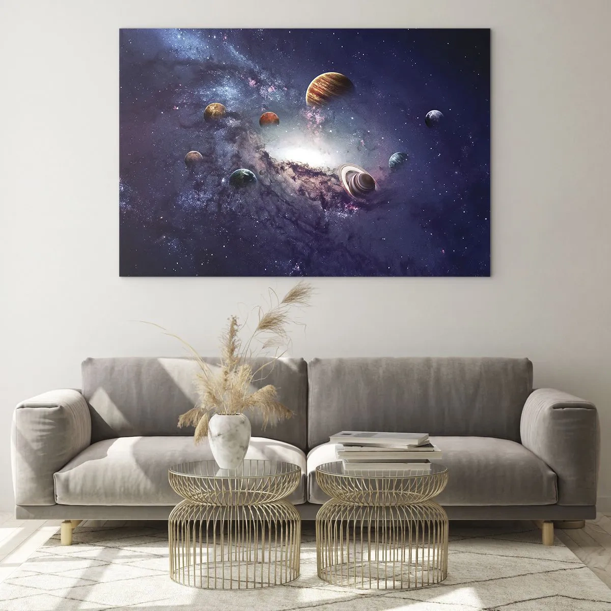 Quadro su vetro - Una visione fantasiosa di pianeti che ruotano nello spazio - 70x50cm - Sistema solare danzante - Decorazione murale moderna per soggiorno e camera da letto ARTTOR