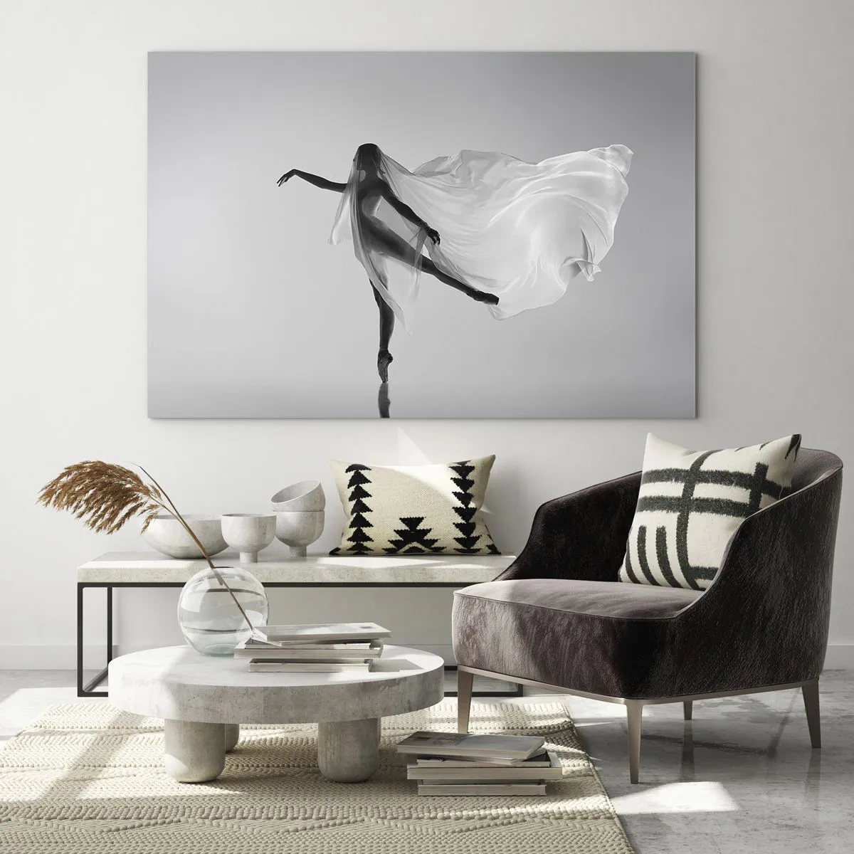 Quadro su vetro - Silhouette di una ballerina con un velo fluttuante in movimento - 70x50cm - Leggerezza ed eleganza - Decorazione murale moderna per soggiorno e camera da letto ARTTOR