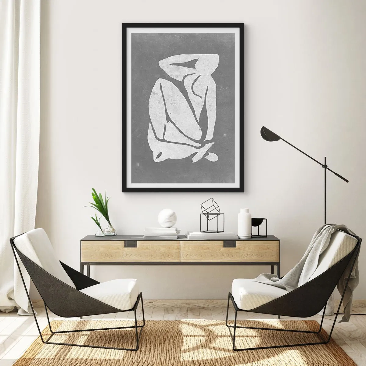 Poster in cornice nera - Una silhouette minimalista di una donna in tonalità di grigio - 50x70cm - Pensierosa - Decorazione murale moderna per soggiorno e camera da letto ARTTOR