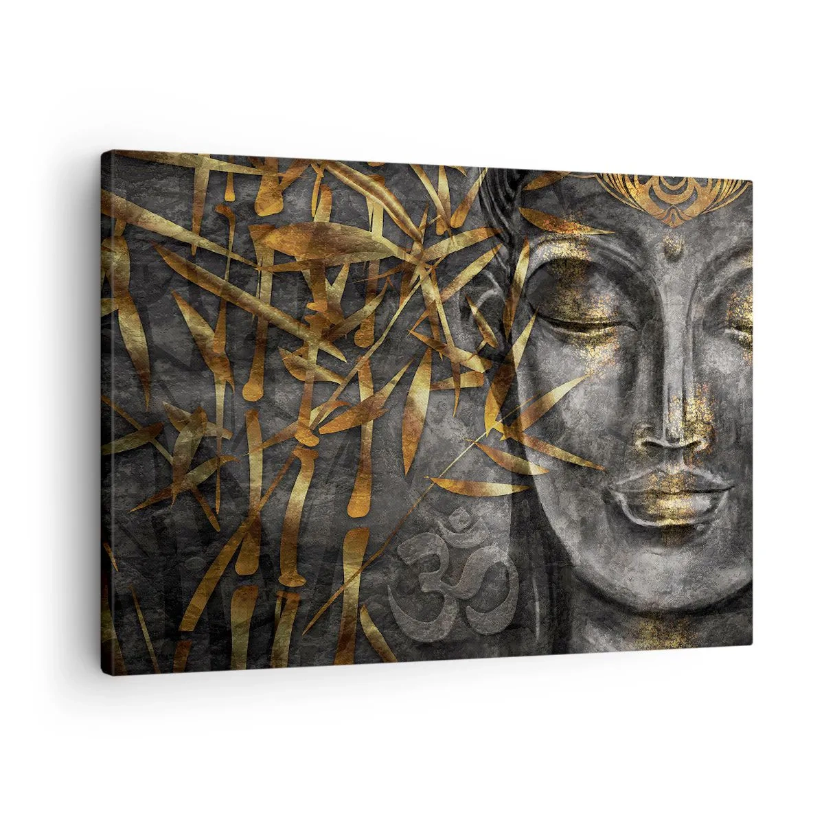 Quadro su tela - Stampe su Tela - Immagine del Buddha Zen con bambù dorati - 70x50cm - Senti la pace - Decorazione murale moderna per soggiorno e camera da letto ARTTOR