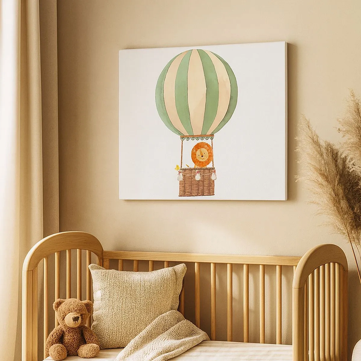 Quadro su tela - Stampe su Tela - Un palloncino con un leone sorridente in un cestino color pastello - 70x50cm - I viaggi del leone - Decorazione murale moderna per soggiorno e camera da letto ARTTOR