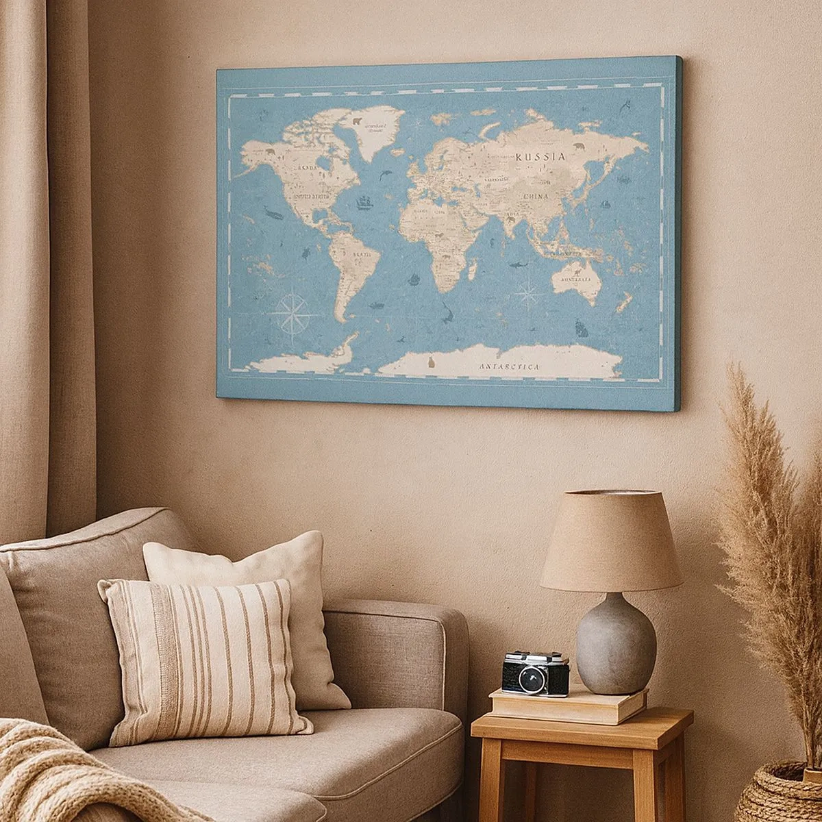 Quadro su tela - Stampe su Tela - Mappa del mondo decorativa nei toni del blu e del beige - 70x50cm - Il mondo a portata di mano - Decorazione murale moderna per soggiorno e camera da letto ARTTOR