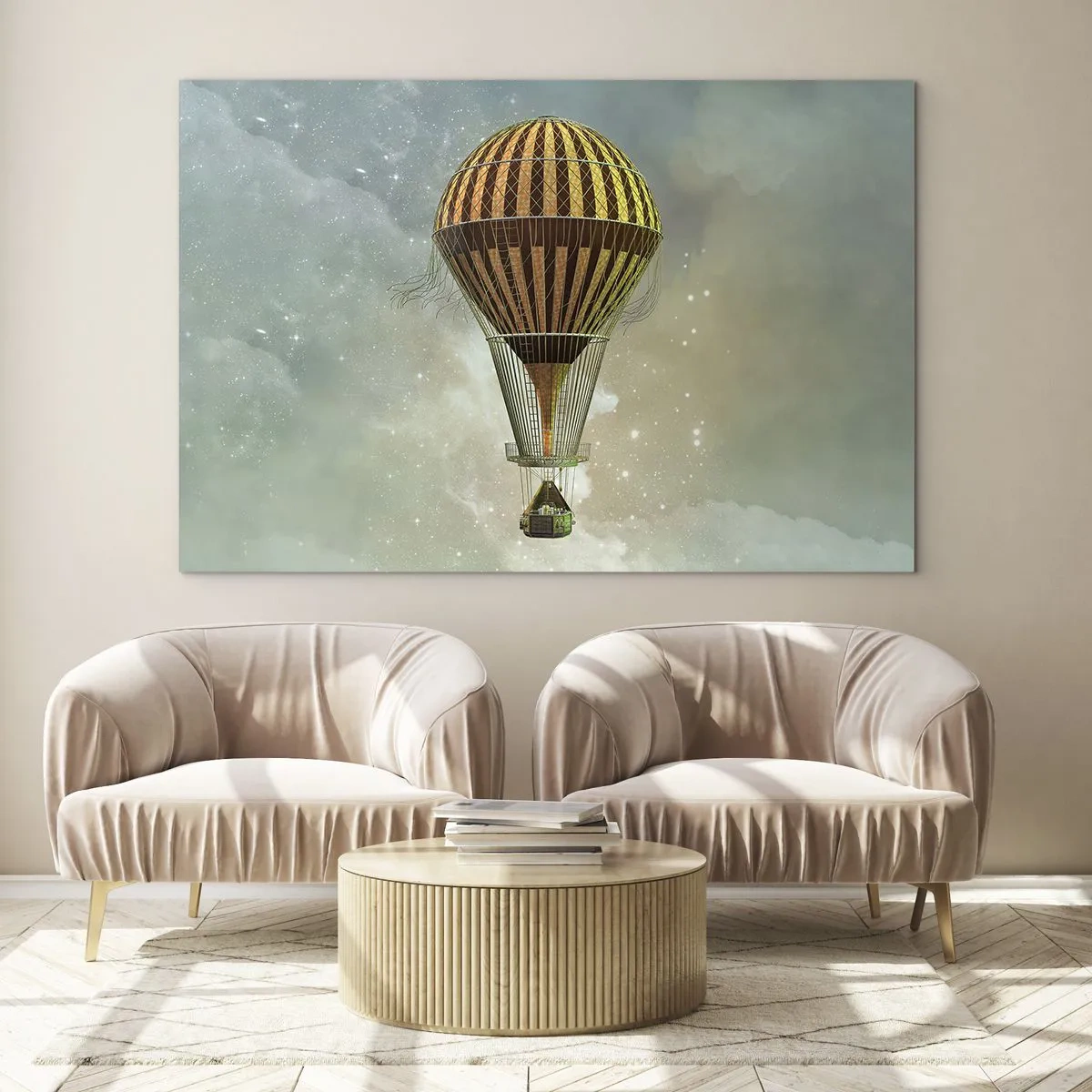 Quadro su vetro - Un palloncino stilizzato sullo sfondo di un cielo stellato e nuvole. - 70x50cm - I voli dei pionieri - Decorazione murale moderna per soggiorno e camera da letto ARTTOR