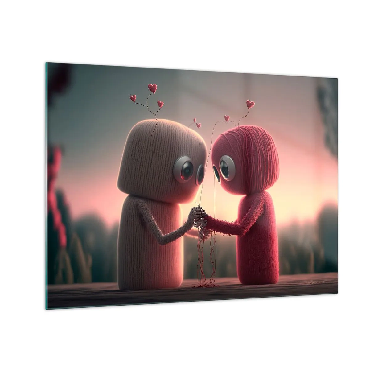 Quadro su vetro - Due figure di filato che si tengono per mano con i cuori - 70x50cm - Ognuno ha diritto ad amare - Decorazione murale moderna per soggiorno e camera da letto ARTTOR
