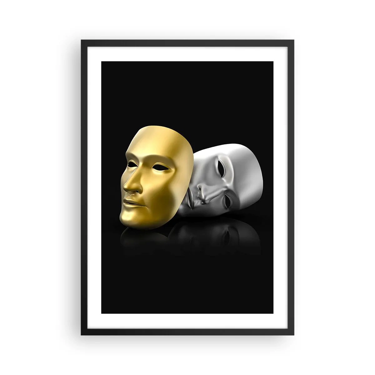 Poster in cornice nera - Maschera in oro e argento su sfondo nero - 50x70cm - La vita è teatro - Decorazione murale moderna per soggiorno e camera da letto ARTTOR