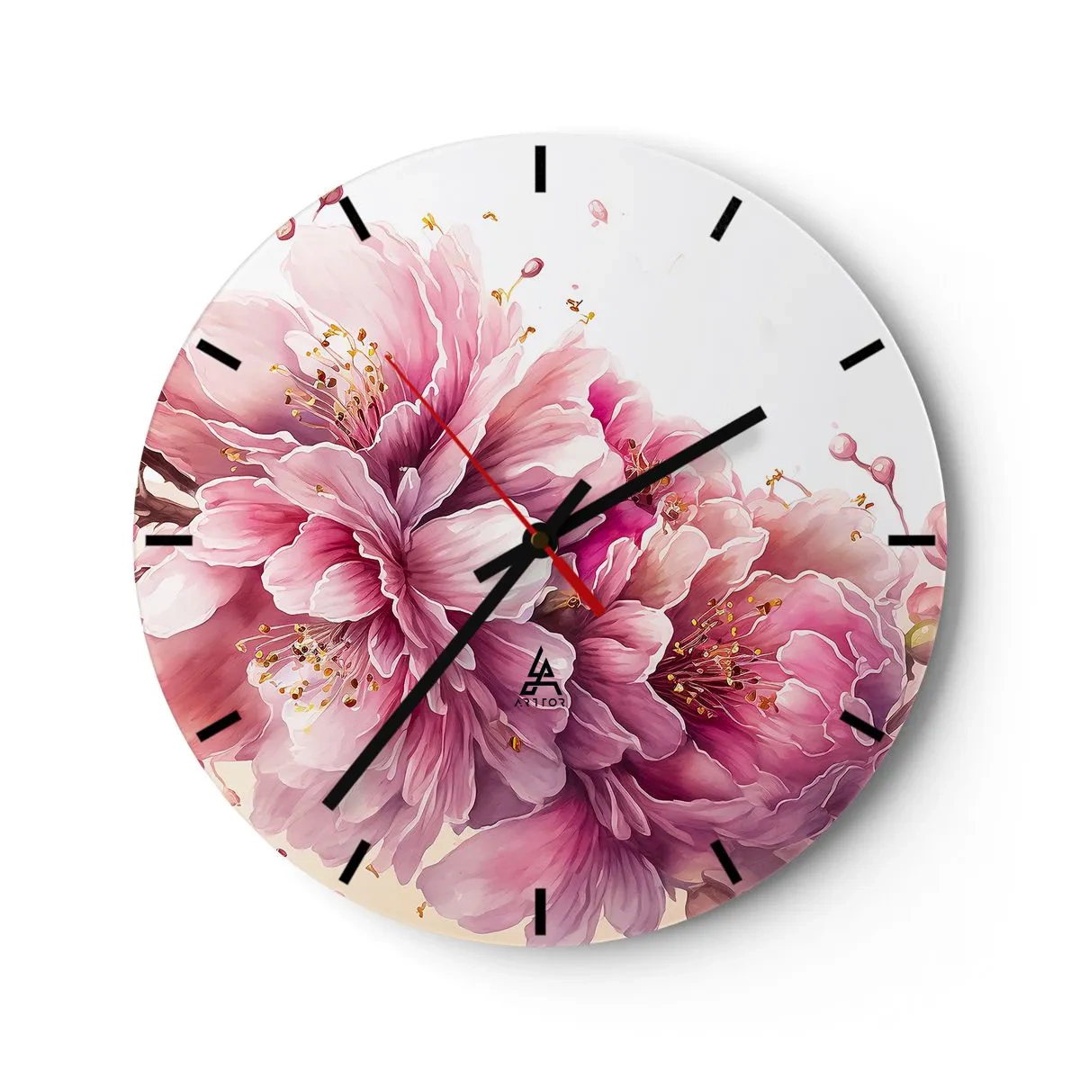 Orologio da parete - Orologio in Vetro - Fiori di ciliegio rosa in fiore su uno sfondo bianco in stile artistico - 30x30cm - Fiore di ciliegio - Decorazione murale moderna per soggiorno, cucina e camera da letto ARTTOR