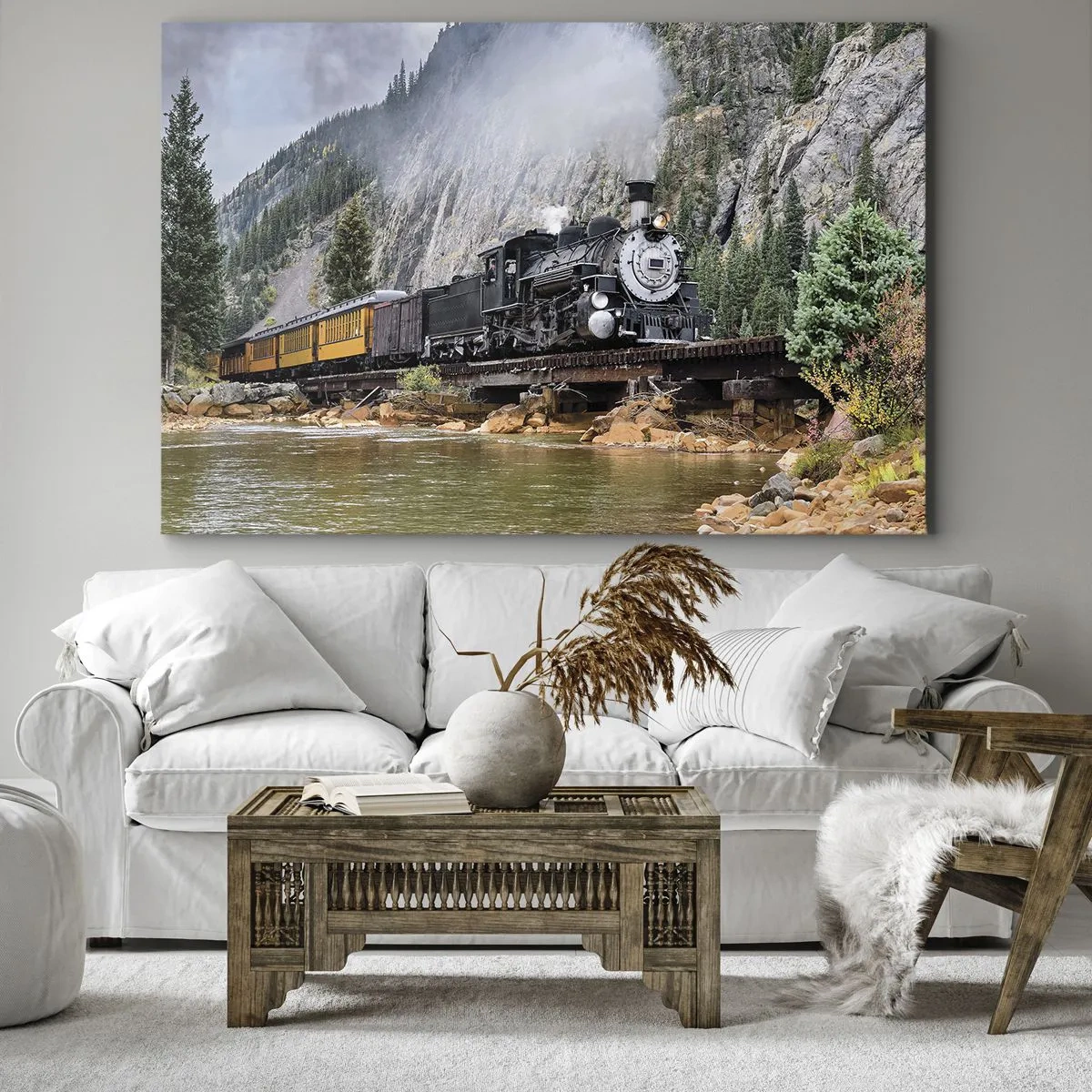 Quadro su tela - Stampe su Tela - Una locomotiva a vapore su un ponte in un pittoresco paesaggio montano - 70x50cm - Dove andiamo? - Decorazione murale moderna per soggiorno e camera da letto ARTTOR