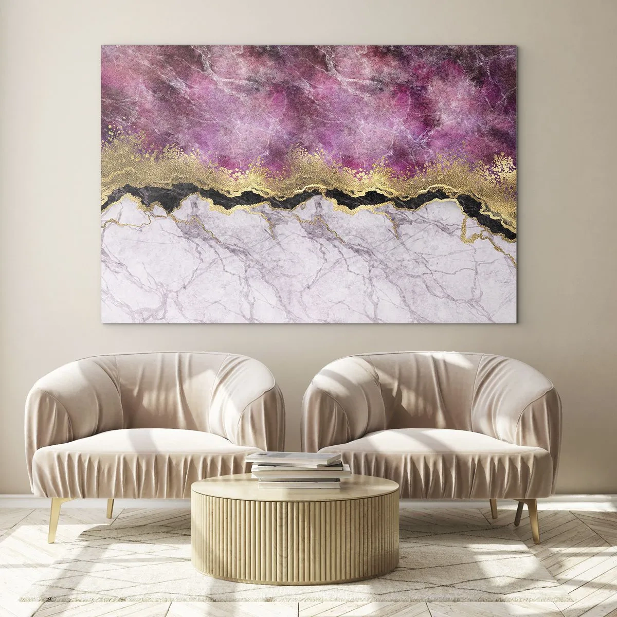 Quadro su vetro - Composizione astratta in marmo con accenti dorati e viola - 70x50cm - Sul confine - Decorazione murale moderna per soggiorno e camera da letto ARTTOR