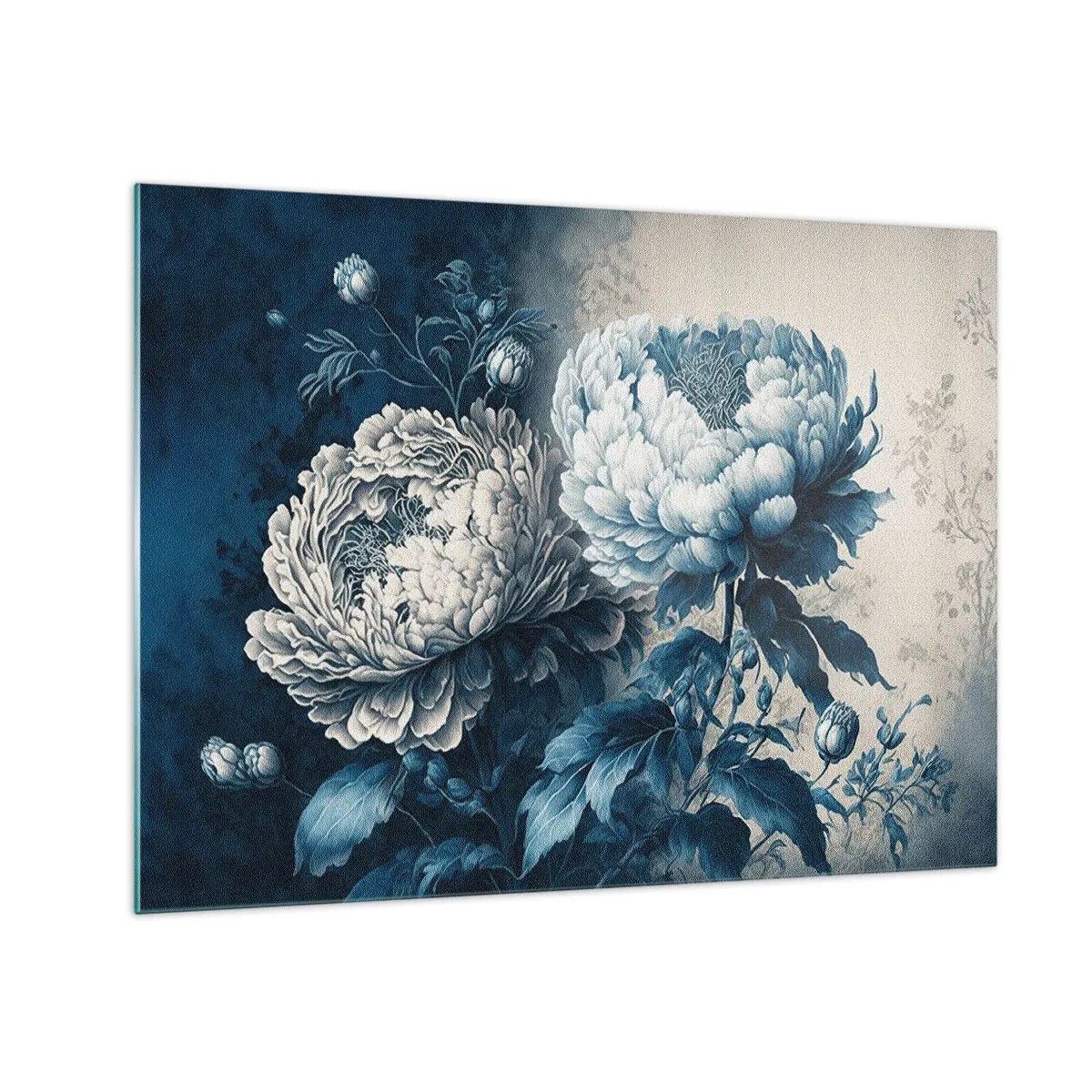 Quadro su vetro - Peonie bicolore nelle tonalità del blu e del beige su uno sfondo vintage - 70x50cm - Coppia perfetta - Decorazione murale moderna per soggiorno e camera da letto ARTTOR