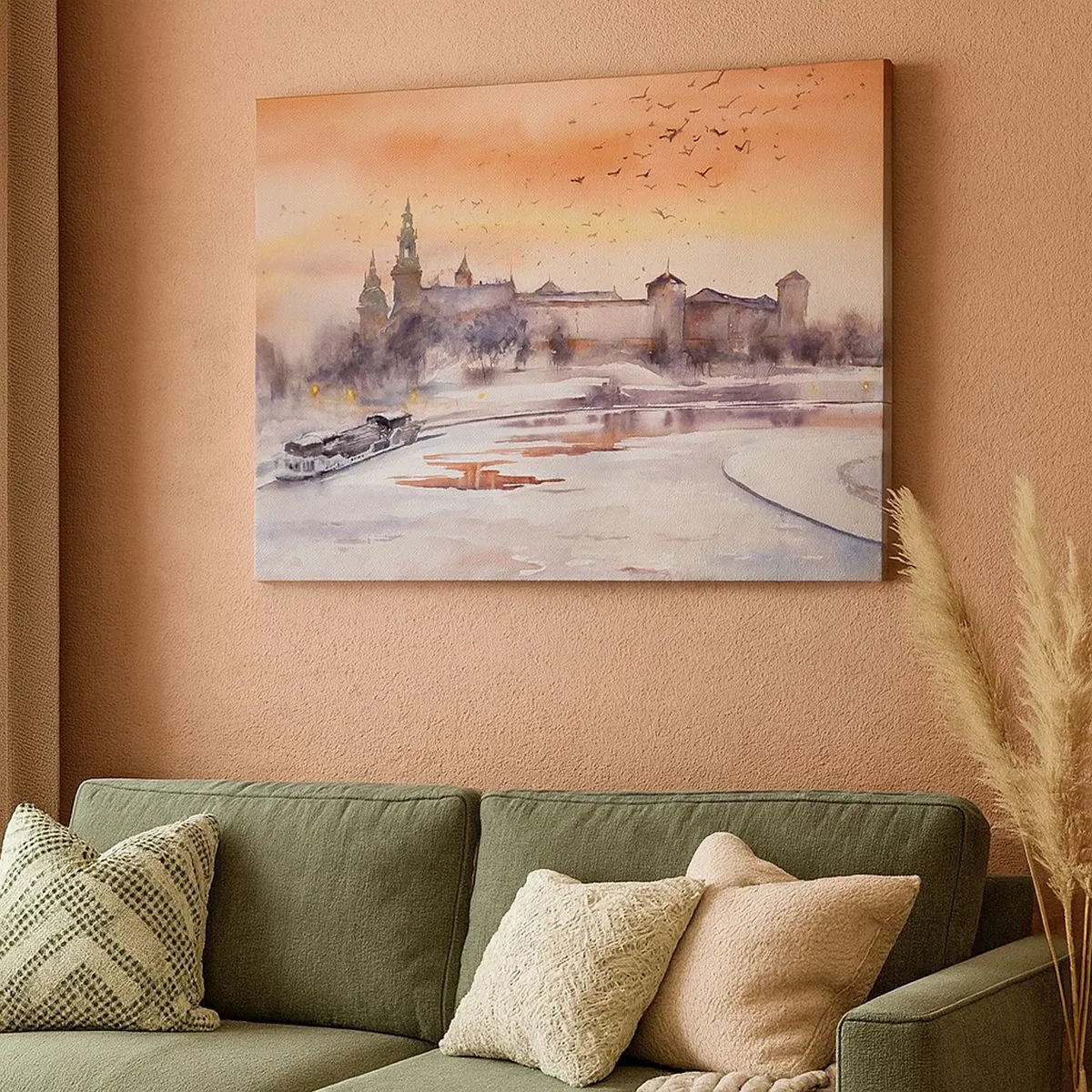Quadro su tela - Stampe su Tela - Tramonto sul castello in uno scenario invernale - 70x50cm - Tramonto reale - Decorazione murale moderna per soggiorno e camera da letto ARTTOR