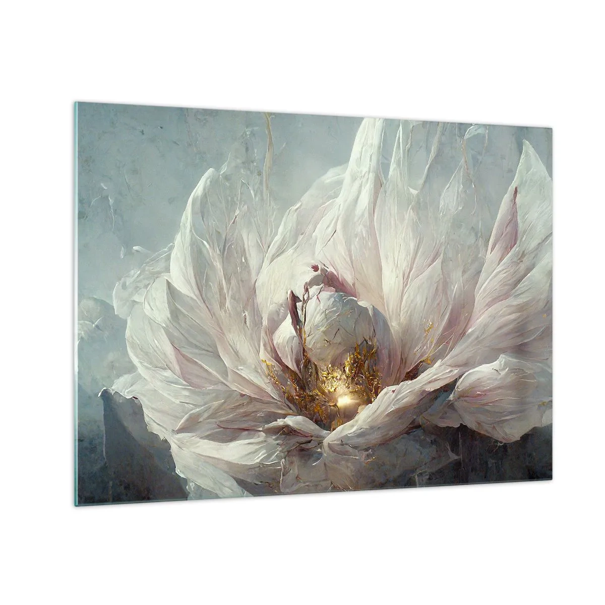 Quadro su vetro - Un fiore che sboccia in delicati toni grigi e oro - 70x50cm - Fiorisce ogni cento anni - Decorazione murale moderna per soggiorno e camera da letto ARTTOR