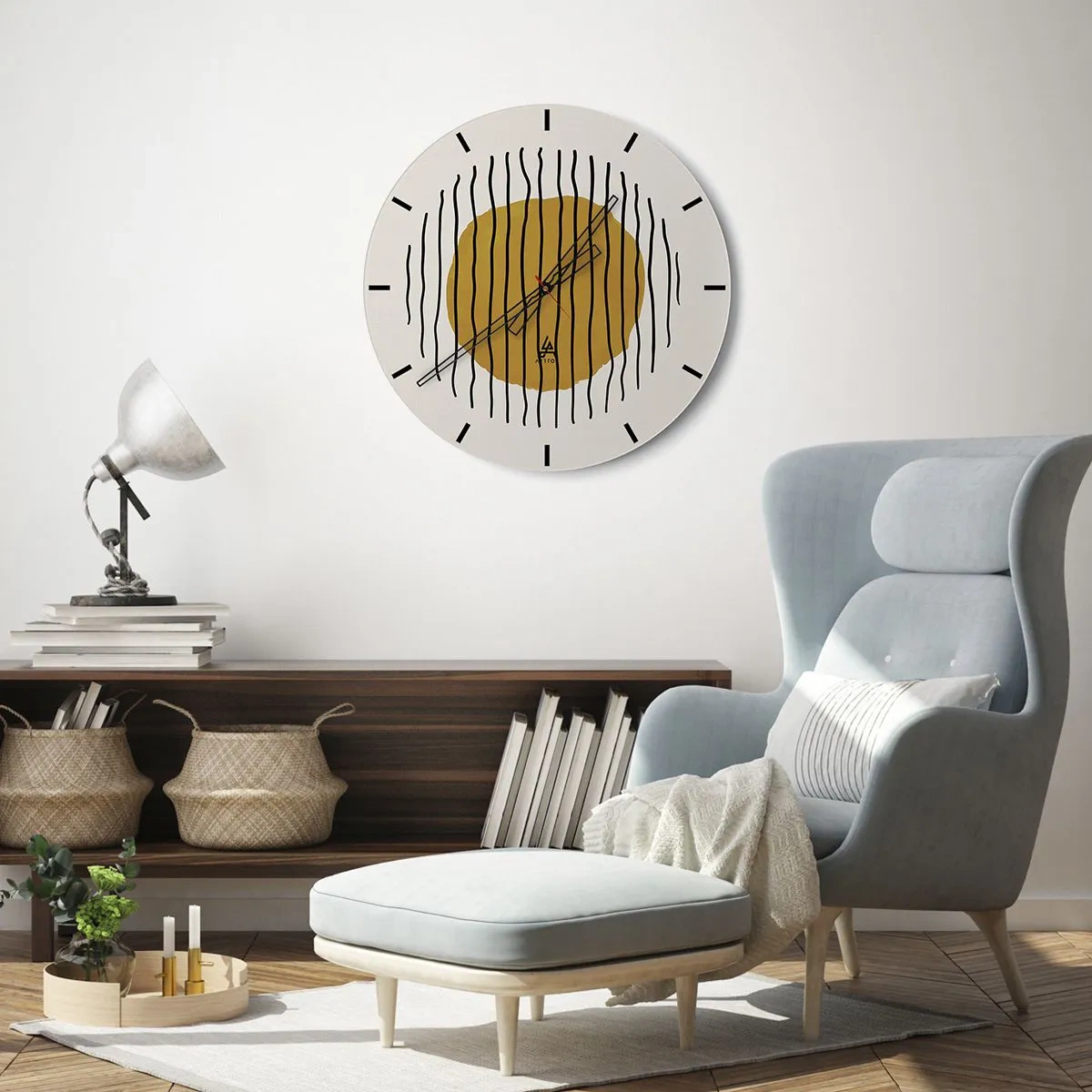 Orologio da parete - Orologio in Vetro - Un cerchio giallo-arancio circondato da linee ondulate nere - 30x30cm - Astrazione fremente di calore - Decorazione murale moderna per soggiorno, cucina e camera da letto ARTTOR