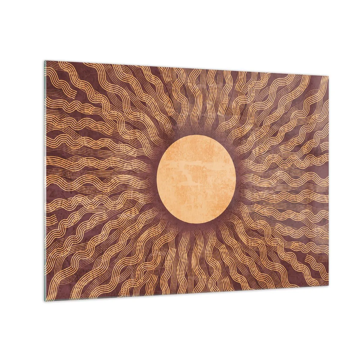 Quadro su vetro - Un sole stilizzato con raggi a forma di linee ondulate su uno sfondo marrone. - 70x50cm - L'icona del sole - Decorazione murale moderna per soggiorno e camera da letto ARTTOR