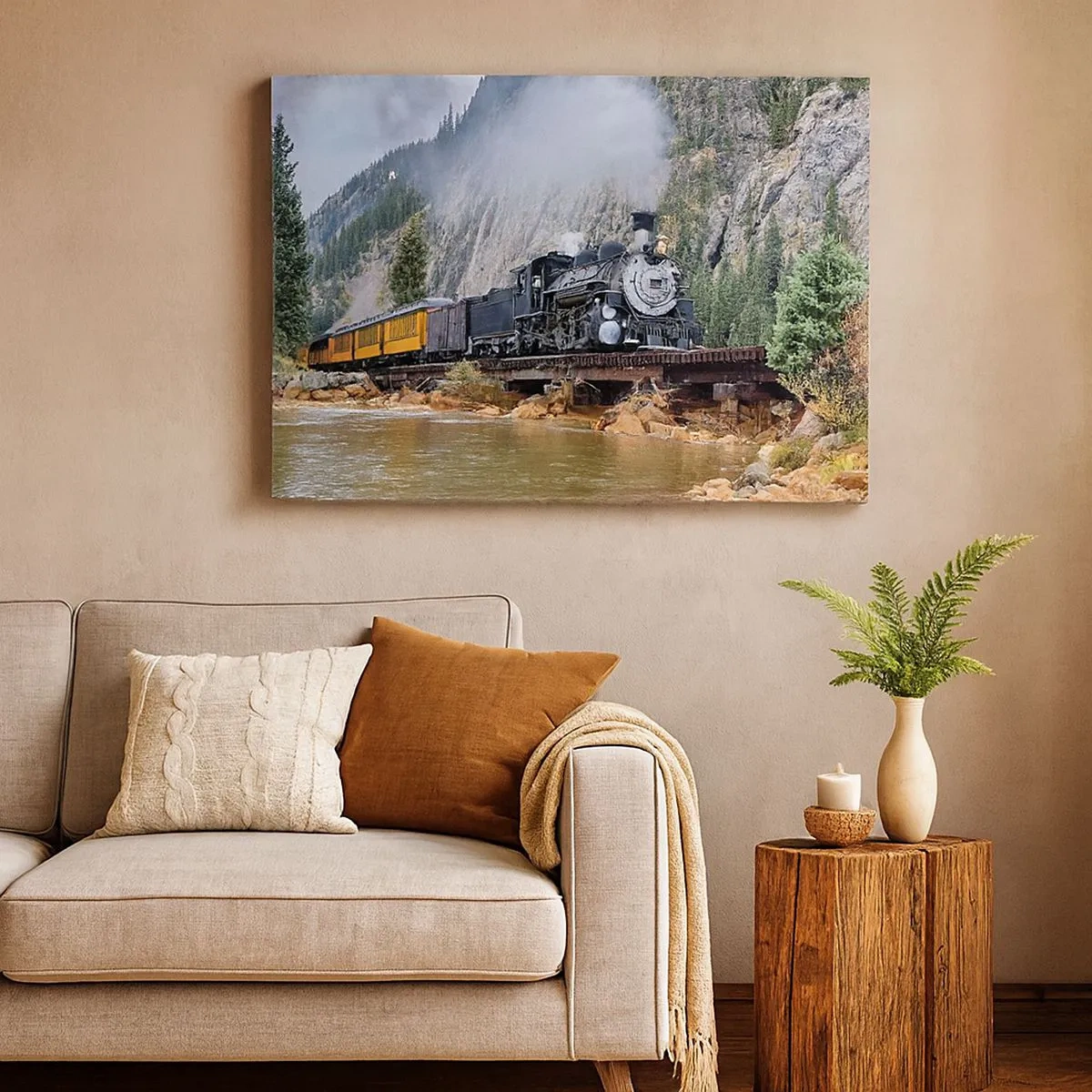 Quadro su tela - Stampe su Tela - Una locomotiva a vapore su un ponte in un pittoresco paesaggio montano - 70x50cm - Dove andiamo? - Decorazione murale moderna per soggiorno e camera da letto ARTTOR