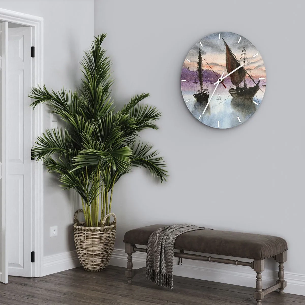 Orologio da parete - Orologio in Vetro - Velieri sull'acqua al tramonto - 30x30cm - La sera nel porto - Decorazione murale moderna per soggiorno, cucina e camera da letto ARTTOR