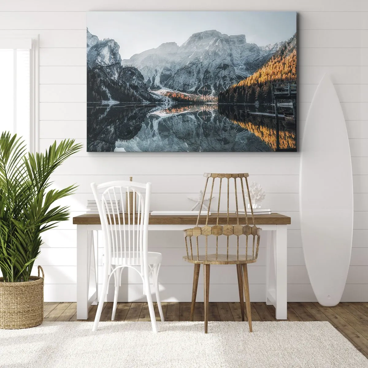 Quadro su tela - Stampe su Tela - Un paesaggio montano riflesso nella calma superficie di un lago - 70x50cm - Paesaggio allo specchio - Decorazione murale moderna per soggiorno e camera da letto ARTTOR