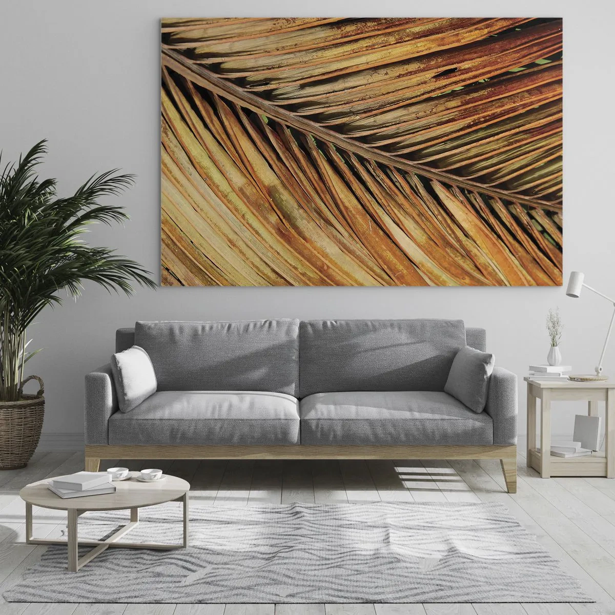 Quadro su vetro - Primo piano di foglie di palma secche e dorate - 70x50cm - Oro di cocco - Decorazione murale moderna per soggiorno e camera da letto ARTTOR
