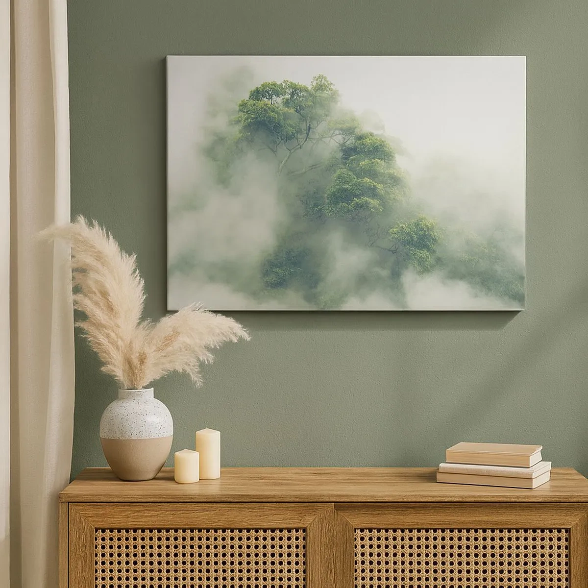 Quadro su tela - Stampe su Tela - Alberi verdi nella fitta nebbia contro uno sfondo naturale - 70x50cm - Avvolti dalla nebbia - Decorazione murale moderna per soggiorno e camera da letto ARTTOR