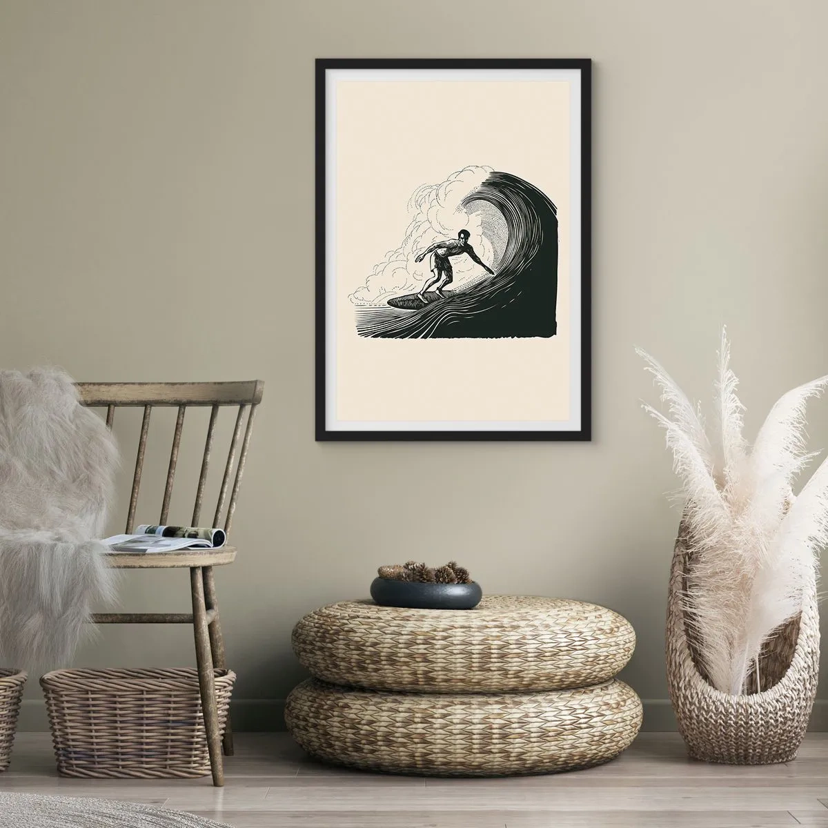 Poster in cornice nera - Grafica retrò di un surfista su un'onda, composizione in nero e crema - 50x70cm - Il re delle onde - Decorazione murale moderna per soggiorno e camera da letto ARTTOR