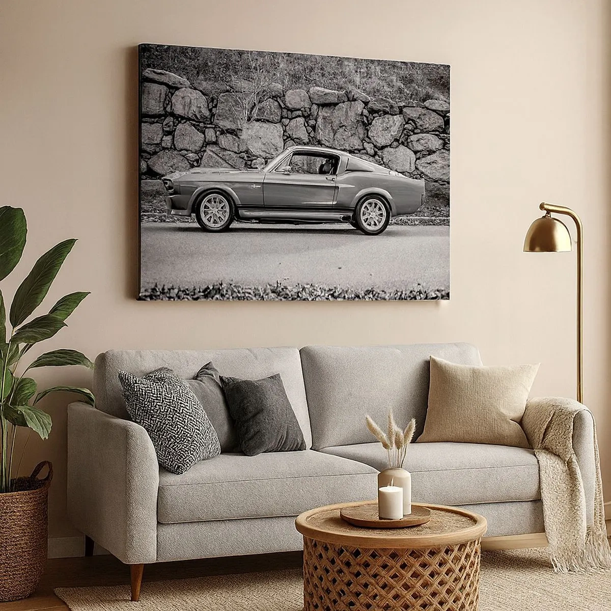 Quadro su tela - Stampe su Tela - Foto in bianco e nero di un'auto d'epoca - 70x50cm - La leggenda degli anni '60 - Decorazione murale moderna per soggiorno e camera da letto ARTTOR
