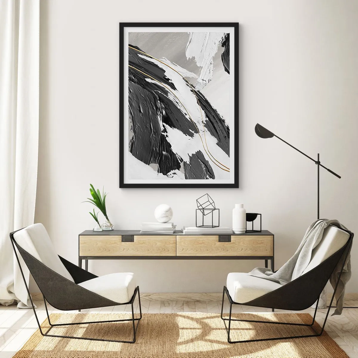 Poster in cornice nera - Pennellate astratte in nero, bianco e oro - 50x70cm - Astrazione con sfarzo - Decorazione murale moderna per soggiorno e camera da letto ARTTOR