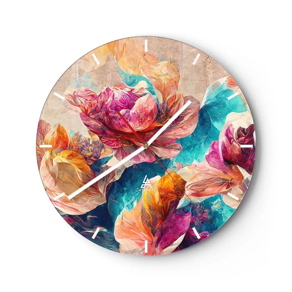 Orologio da parete - Orologio in Vetro - Un bouquet colorato su uno sfondo turchese - 30x30cm - Lo splendore colorato del bouquet - Decorazione murale moderna per soggiorno, cucina e camera da letto ARTTOR