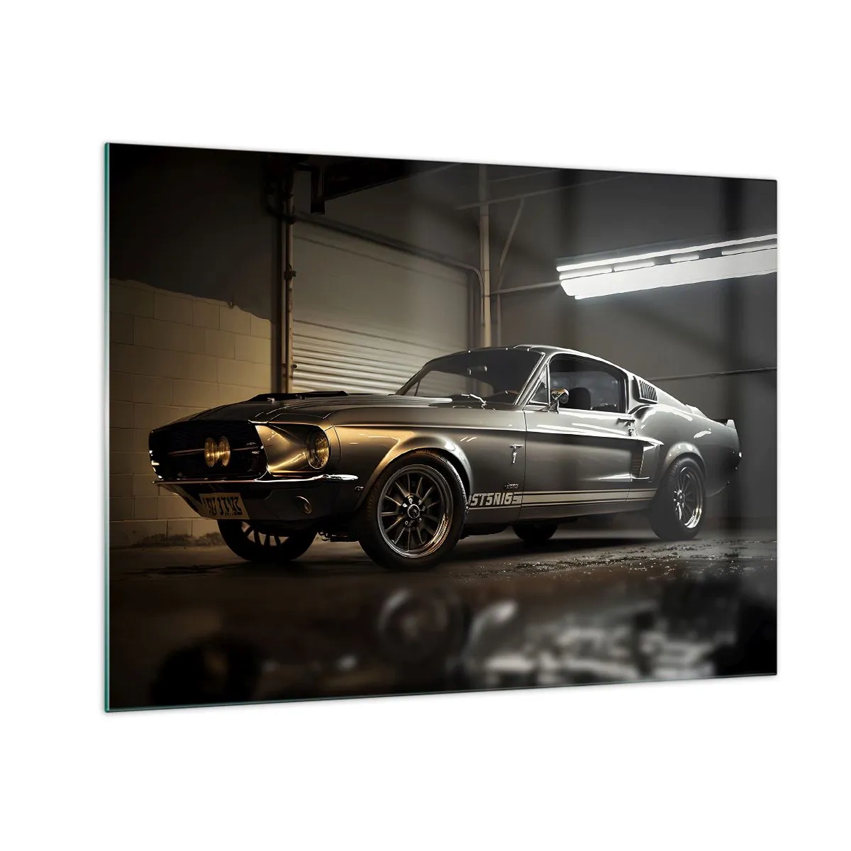 Quadro su vetro - Auto d'epoca in garage sotto illuminazione industriale - 70x50cm - Ritorno al passato - Decorazione murale moderna per soggiorno e camera da letto ARTTOR