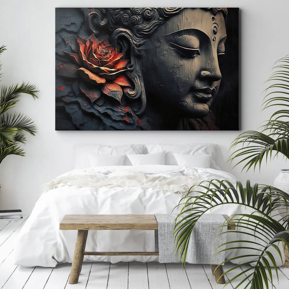 Quadro su tela - Stampe su Tela - Scultura del Buddha con un fiore di loto rosso - 70x50cm - In armonia con il mondo - Decorazione murale moderna per soggiorno e camera da letto ARTTOR
