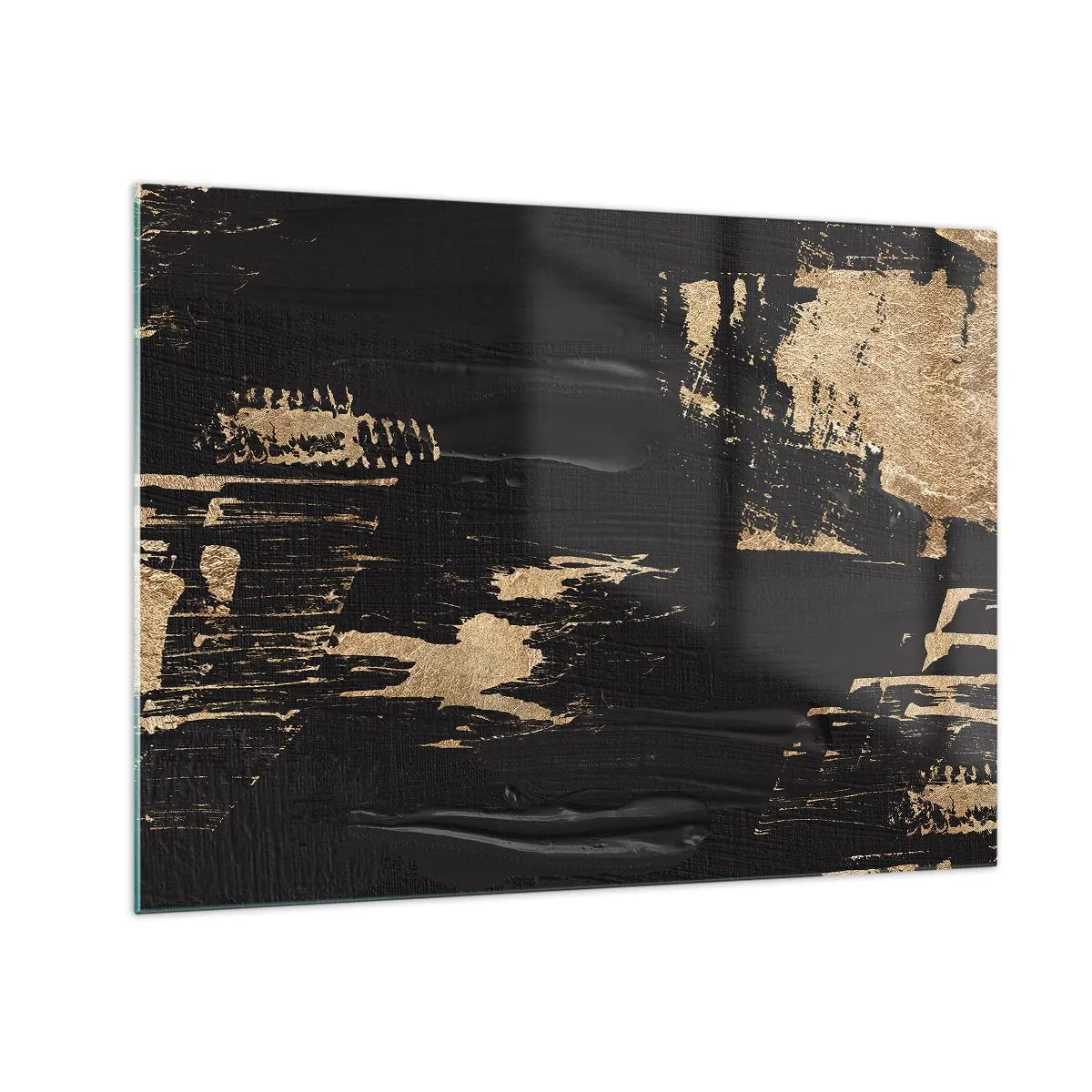 Quadro su vetro - Astrazione nera e oro con una texture simile a una pennellata - 70x50cm - Tracce del contatto - Decorazione murale moderna per soggiorno e camera da letto ARTTOR