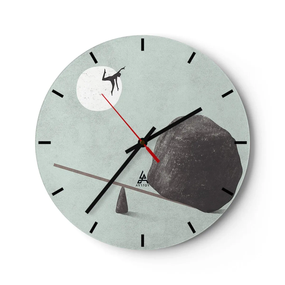 Orologio da parete - Orologio in Vetro - Un personaggio viene catapultato da un'altalena verso la luna tramite una roccia. - 30x30cm - Sogno adempiuto - Decorazione murale moderna per soggiorno, cucina e camera da letto ARTTOR
