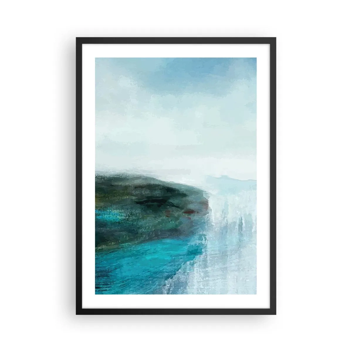 Poster in cornice nera - Un paesaggio pittoresco con una scogliera a picco sull'acqua nei toni del blu. - 50x70cm - Astrazione marittima - Decorazione murale moderna per soggiorno e camera da letto ARTTOR