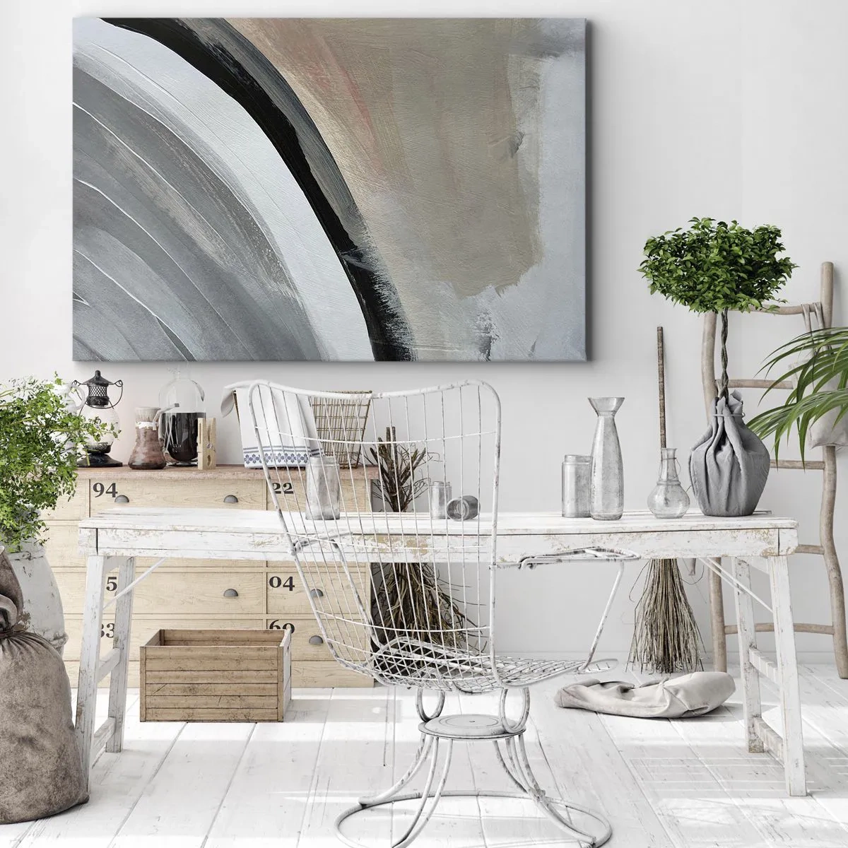 Quadro su tela - Stampe su Tela - Arco astratto nei toni del nero, grigio e beige - 70x50cm - Composizione: arco di nero e grigio - Decorazione murale moderna per soggiorno e camera da letto ARTTOR