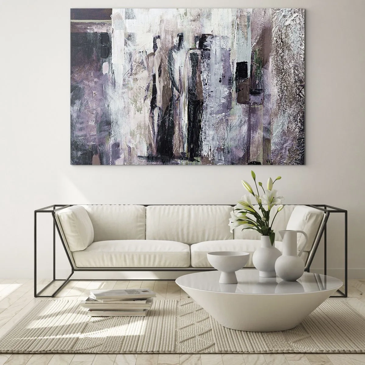 Quadro su vetro - Sagome astratte di figure su uno sfondo di vernice strutturata - 70x50cm - Triade misteriosa - Decorazione murale moderna per soggiorno e camera da letto ARTTOR
