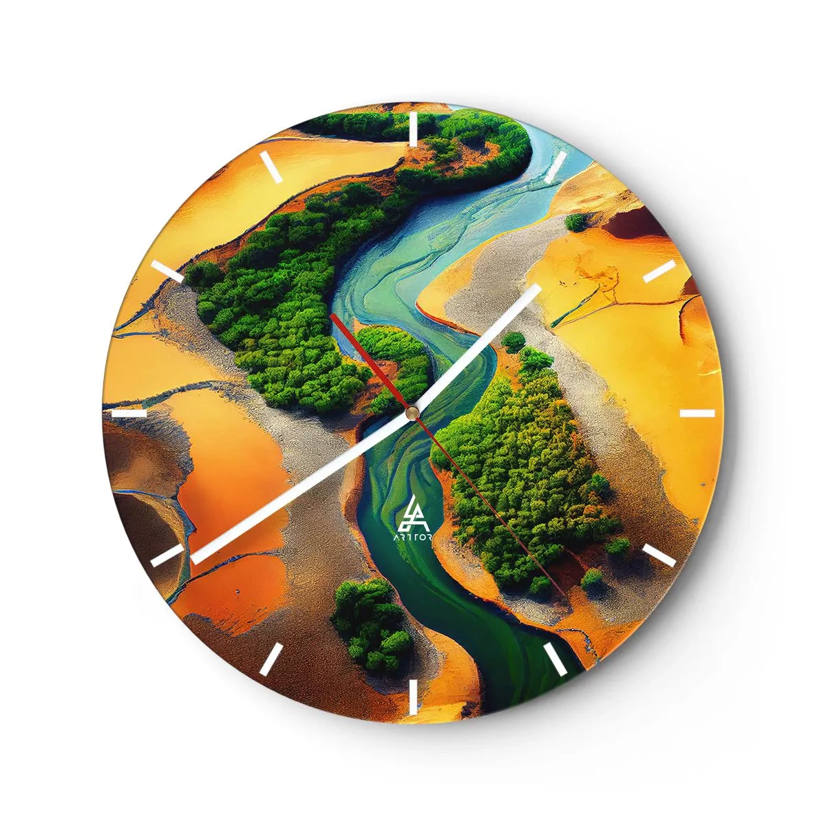 Orologio da parete - Orologio in Vetro - Un fiume che serpeggia attraverso un paesaggio desertico verde - 30x30cm - Il fiume della vita - Decorazione murale moderna per soggiorno, cucina e camera da letto ARTTOR