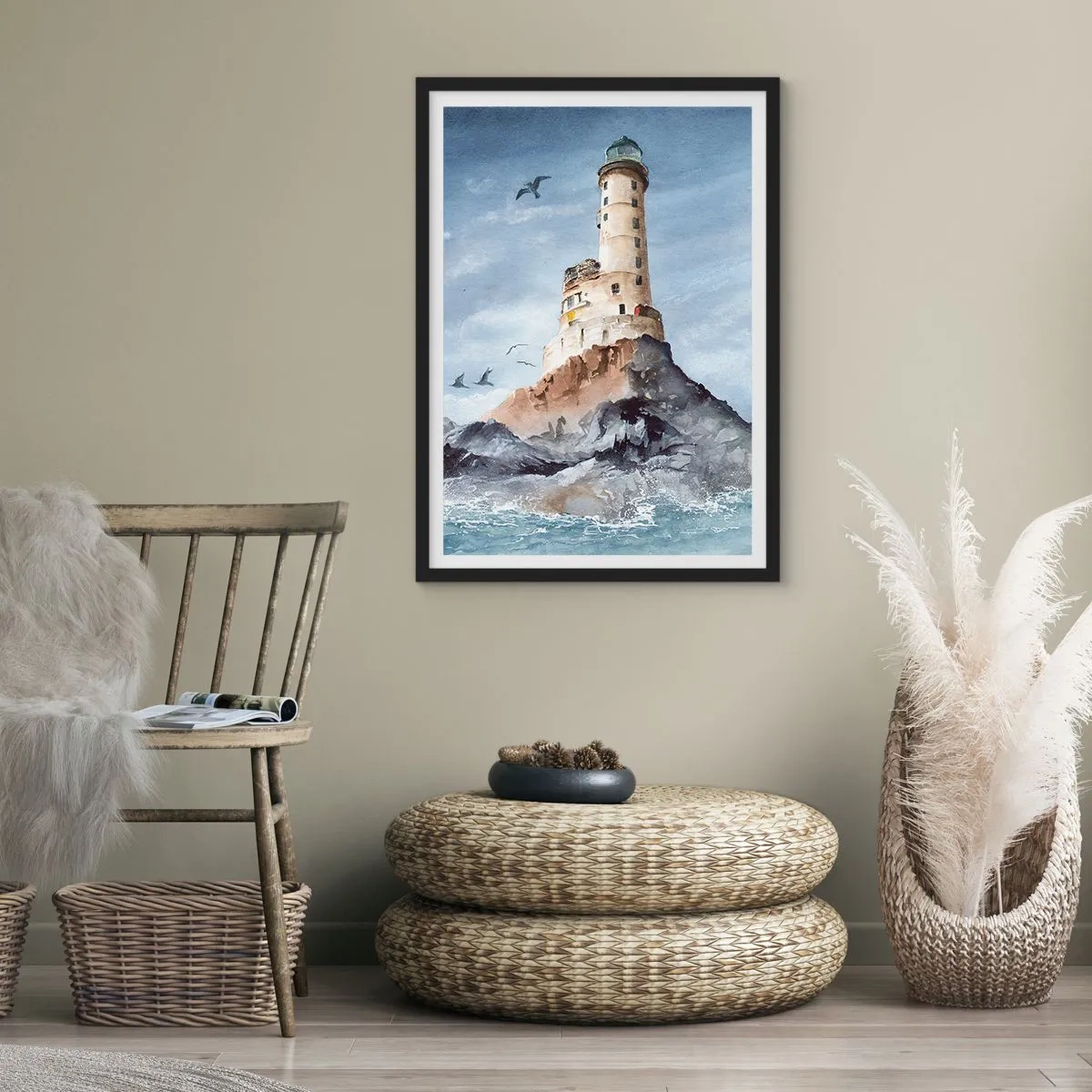 Poster in cornice nera - Un dipinto ad acquerello di un faro su una costa rocciosa - 50x70cm - Invincibile - Decorazione murale moderna per soggiorno e camera da letto ARTTOR