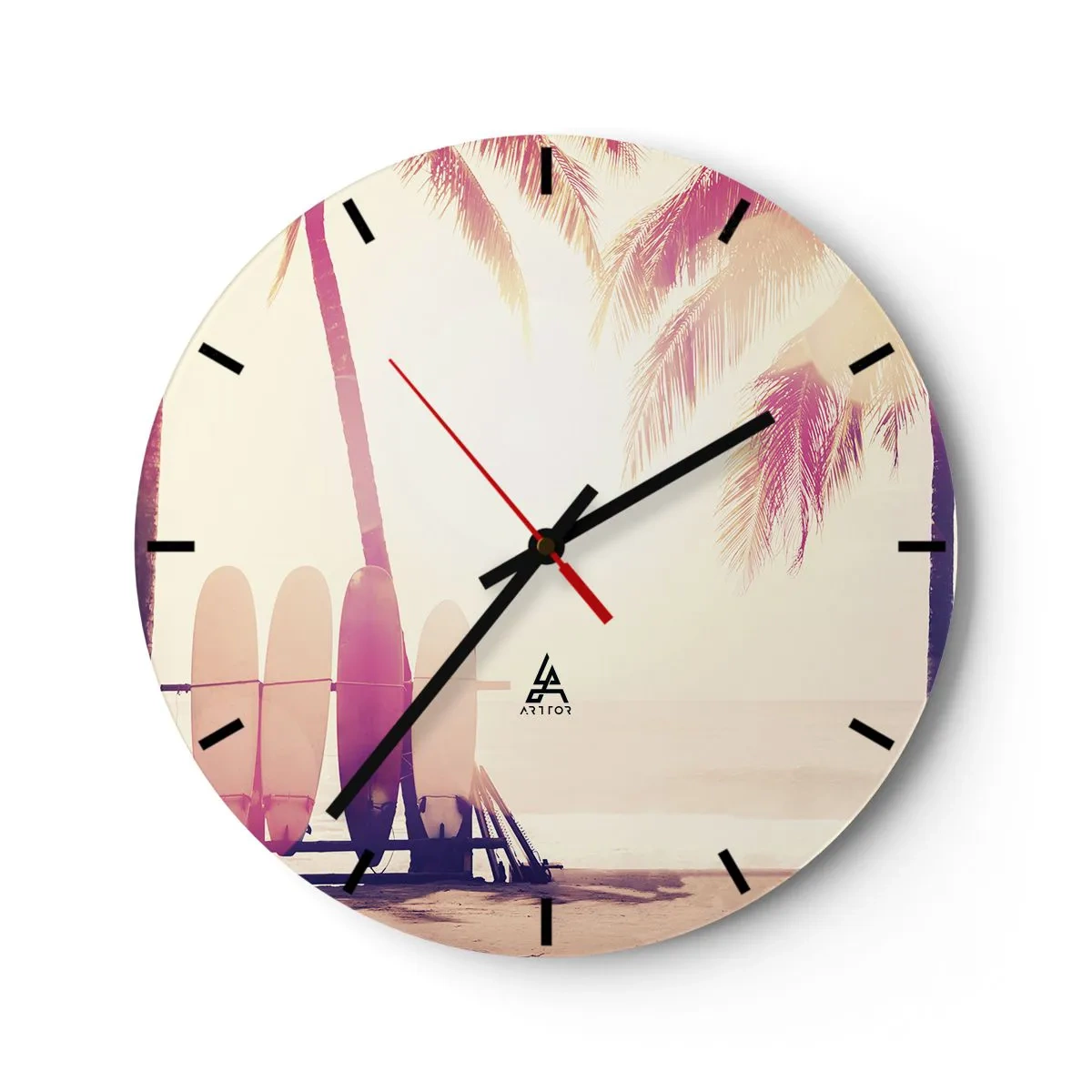 Orologio da parete - Orologio in Vetro - Tavole da surf e palme sulla spiaggia all'alba - 30x30cm - Sarà un giorno fantastico - Decorazione murale moderna per soggiorno, cucina e camera da letto ARTTOR