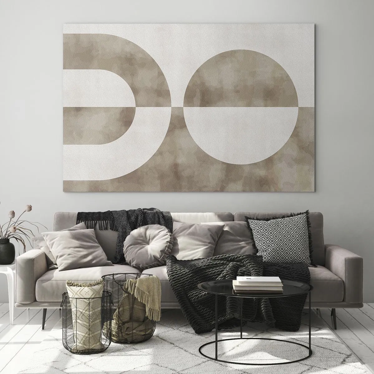 Quadro su vetro - Geometria beige con un semicerchio e un cerchio su uno sfondo orizzontale - 70x50cm - Analogie e differenze - Decorazione murale moderna per soggiorno e camera da letto ARTTOR